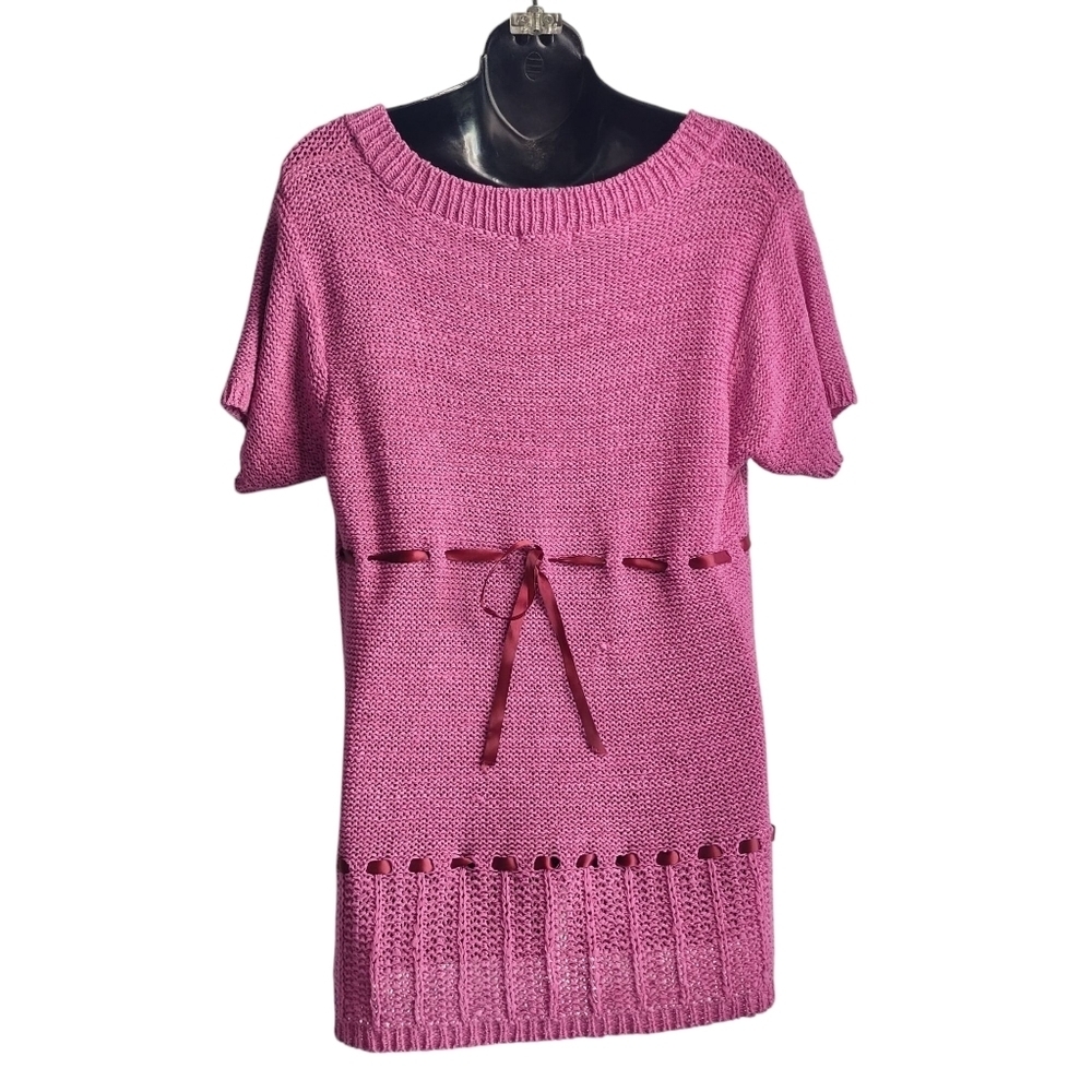 Carducci Top Womens Pink Ribbon knit Shortsleeve Crewneck Sweater Size XL - Picture 2 of 10